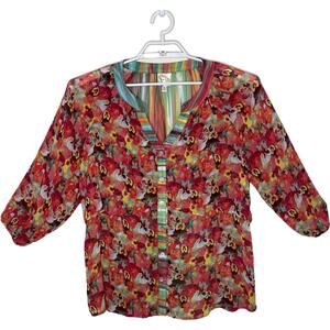 FIG & FLOWER Sheer Colorful Pansy Floral Print Blouse Flowy Boho Striped Sz 1X